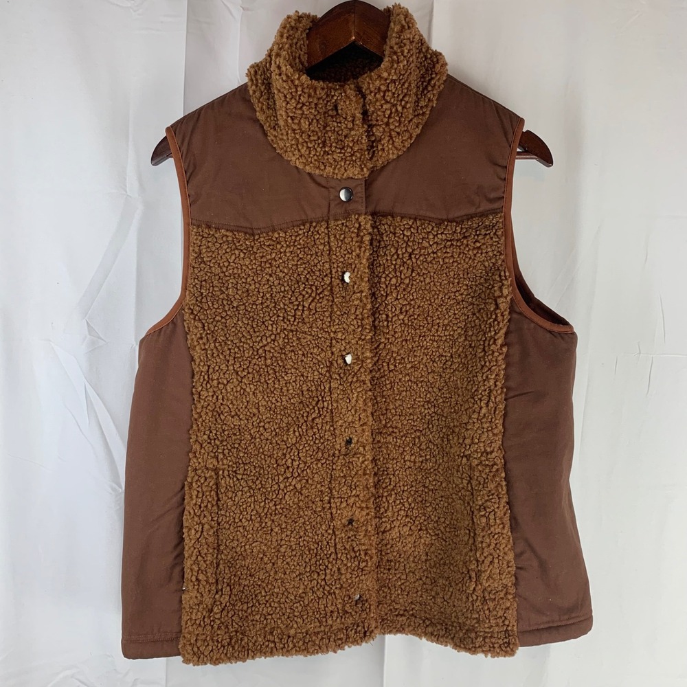 Aventura Sherpa Fleece Vest Womens Large Brown Snap‎ Front Sustainable Cabin